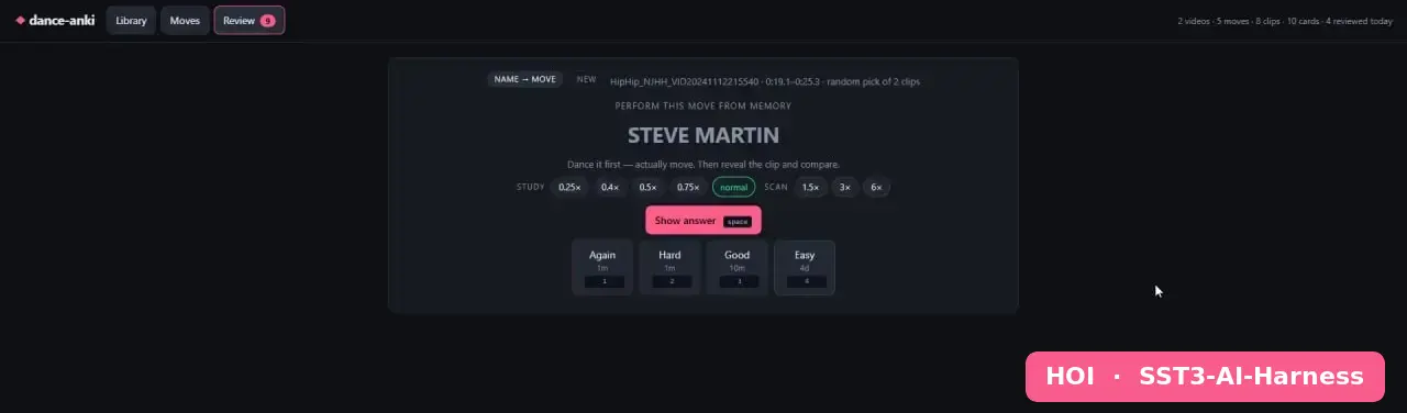 Badged HOI, SST3-AI-Harness. A dance-anki review card labelled name to move. It reads perform this move from memory, then the move name Steve Martin in large letters, then dance it first, actually move, then reveal the clip and compare. Speed buttons run from quarter speed to six times, above a show answer button and the Again, Hard, Good and Easy grading buttons.