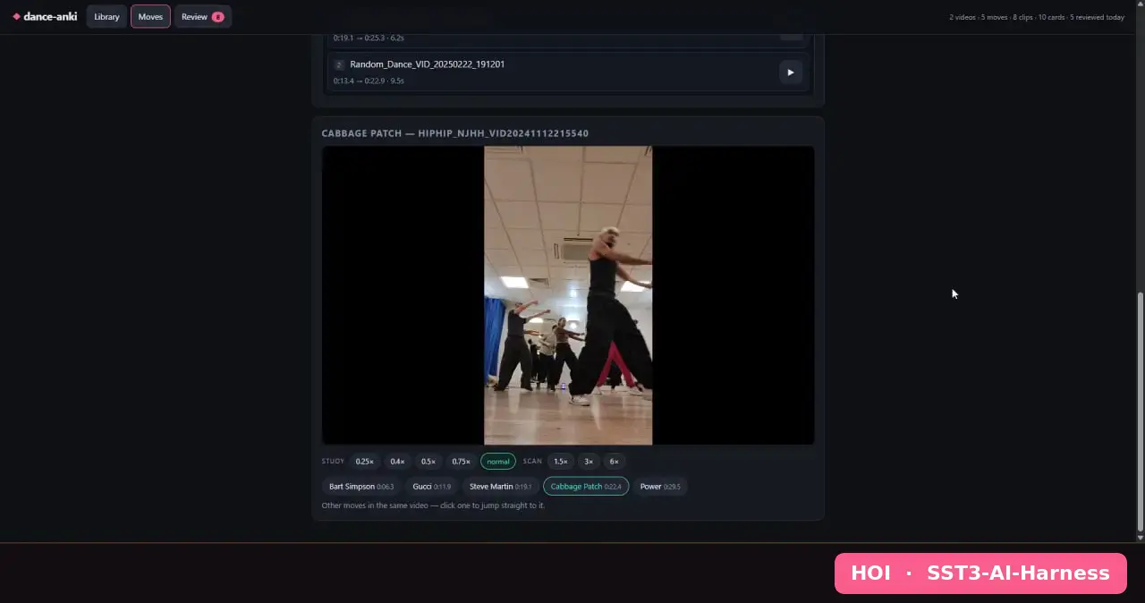 Badged HOI, SST3-AI-Harness. The dance-anki clip view. A paused class video sits above a row of buttons labelled Bart Simpson, Gucci, Steve Martin, Cabbage Patch and Power, each with a timestamp, under the caption other moves in the same video, click one to jump straight to it.
